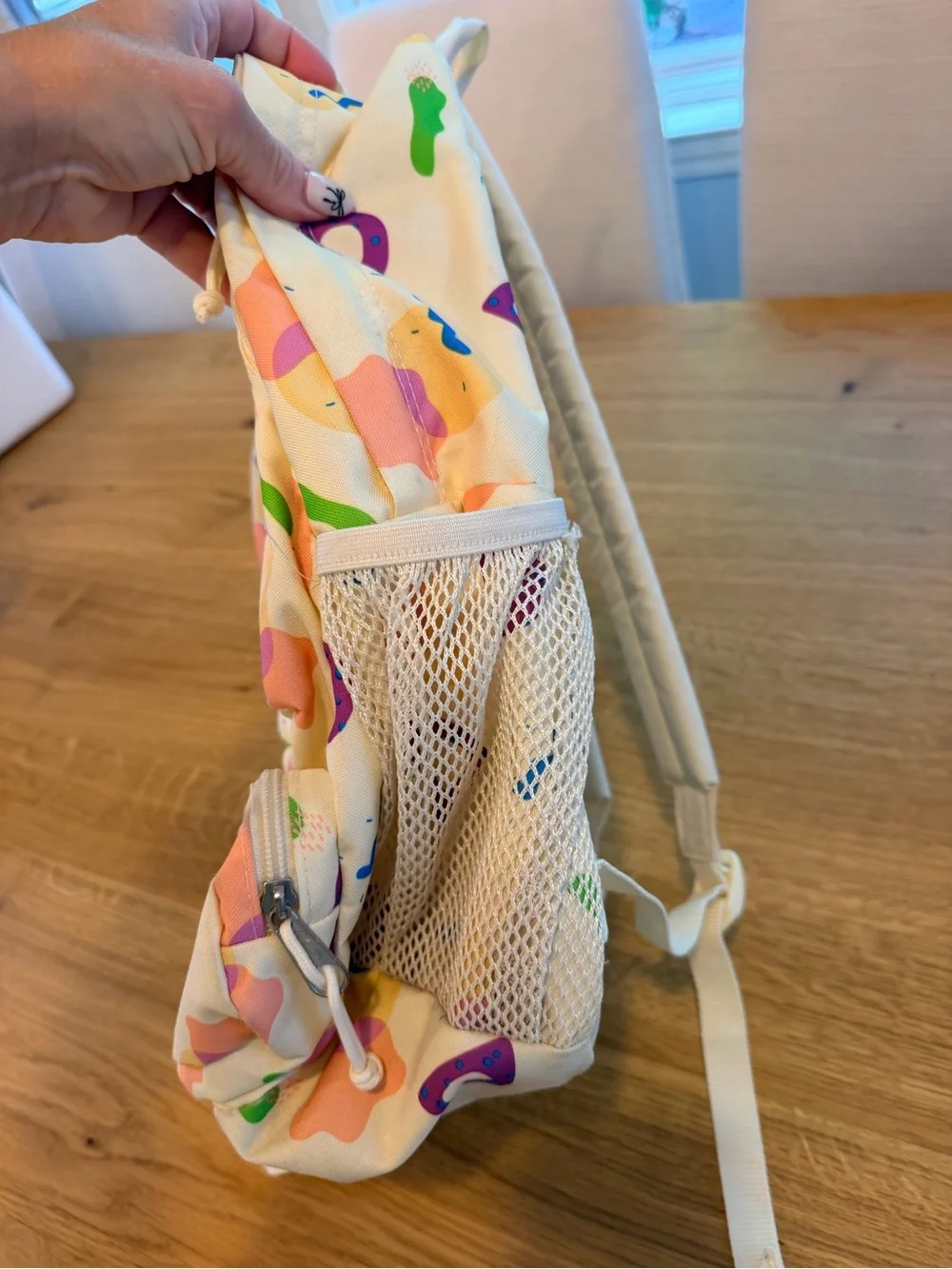 Jansport Cream Backpack with Pastel Pink, Purple & Green Shapes